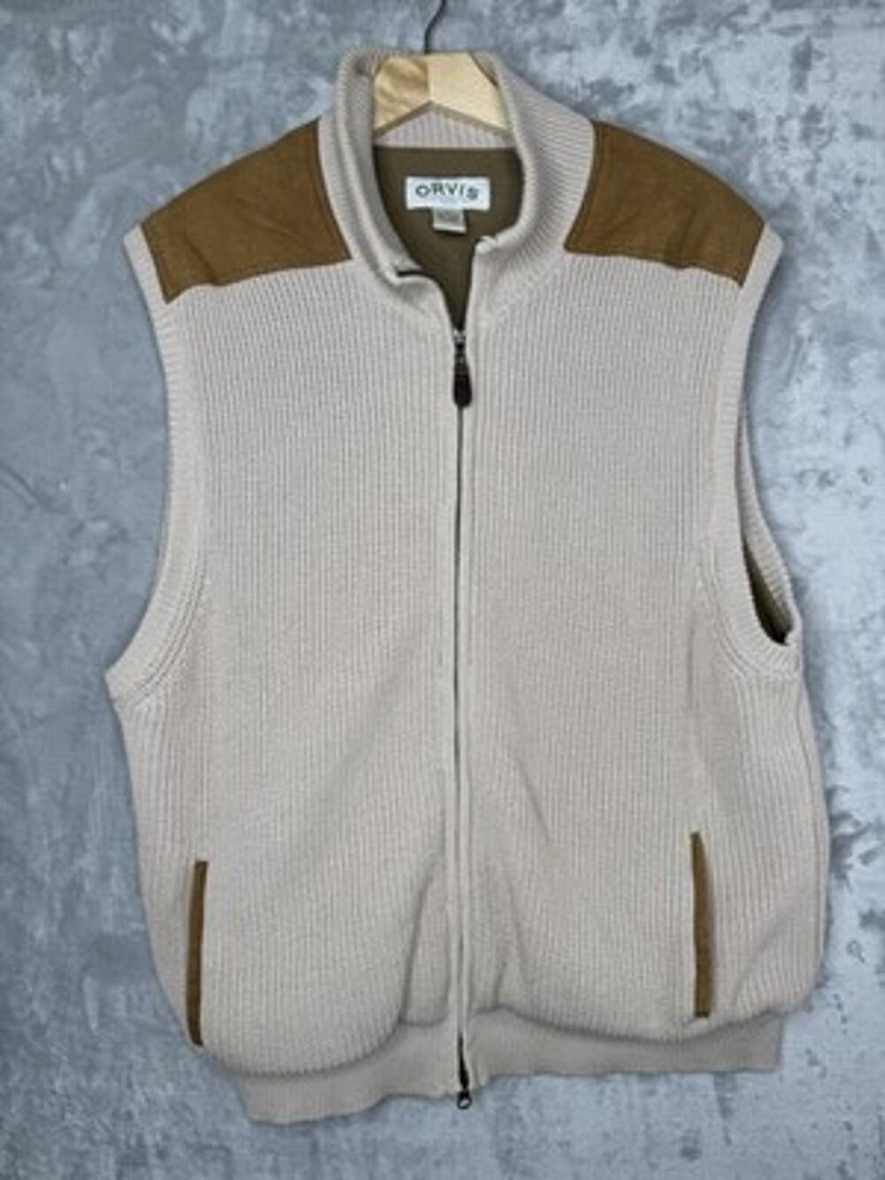 Orvis Sweater Vest Mens XL Beige Waffle Knit Mock Neck Full Zip Suede Pockets
